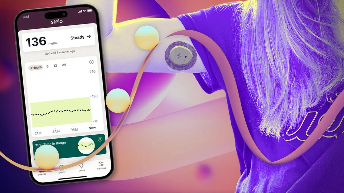 Stelo CGM app showing glucose data alongside sensor on arm